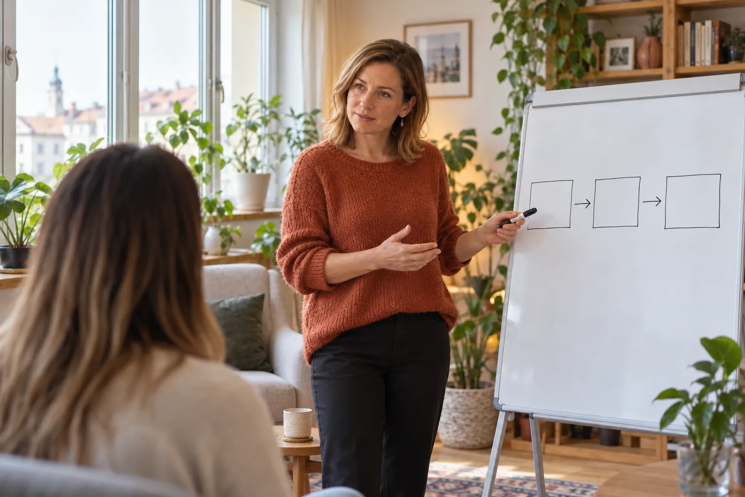 A szakember flipchart mellett magyaráz egy résztvevőnek; a közös oktatás és a rajzolt folyamat látható.